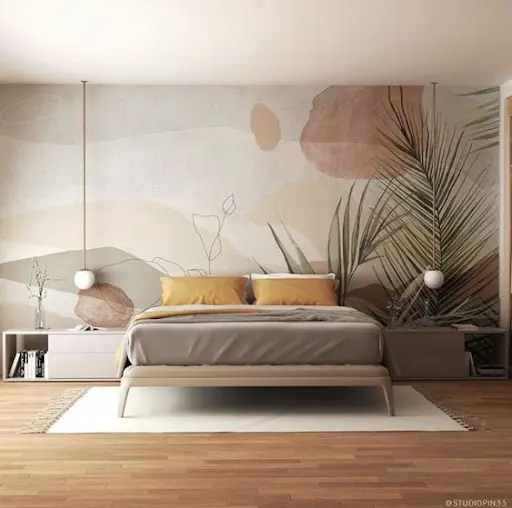 beige bedroom with wallpaper