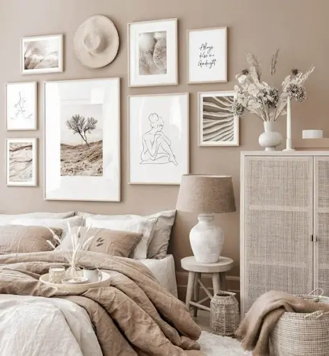 beige bedroom with wall art