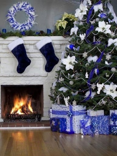 white, blue, and gold Christmas decor