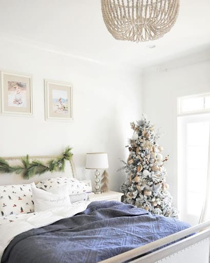 blue, white, and gold Christmas bedroom