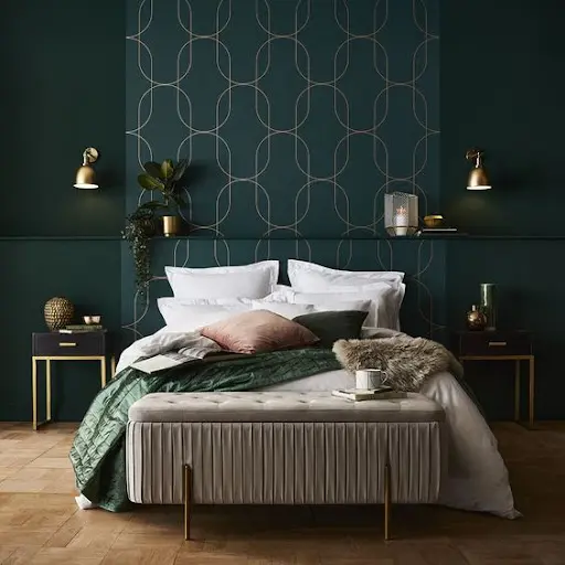 green and gold modern bedroom decor