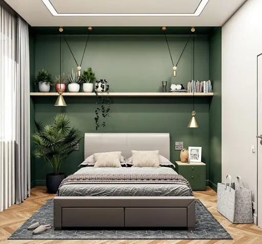 modern dark green accent wall in bedroom