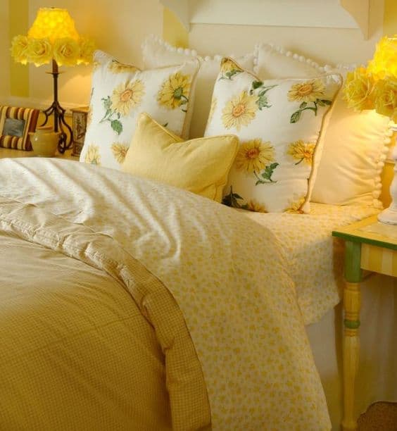 yellow bedroom with sunflower decor