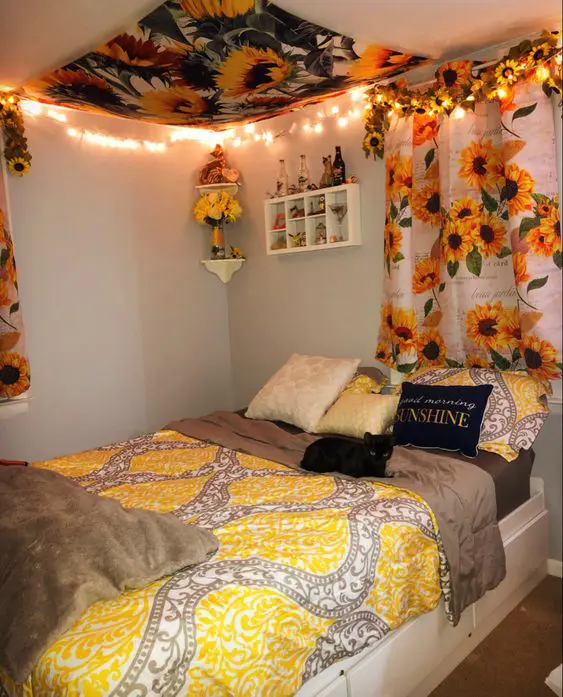 sunflower curtains in bedroom