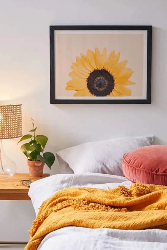 sunflower wall art in bedroom