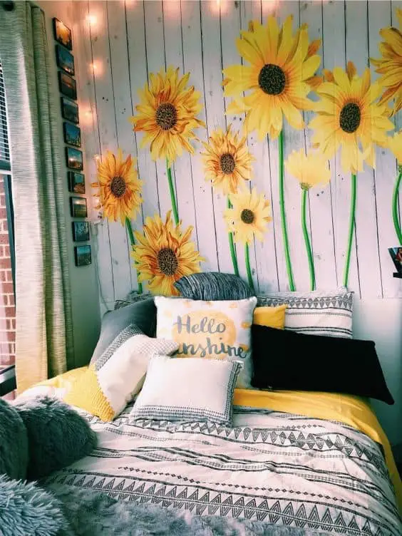 sunflower wallpaper in bedroom