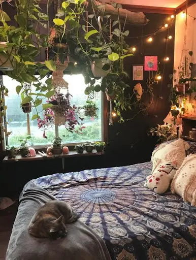 witch bedroom ideas with fairy lights and vines