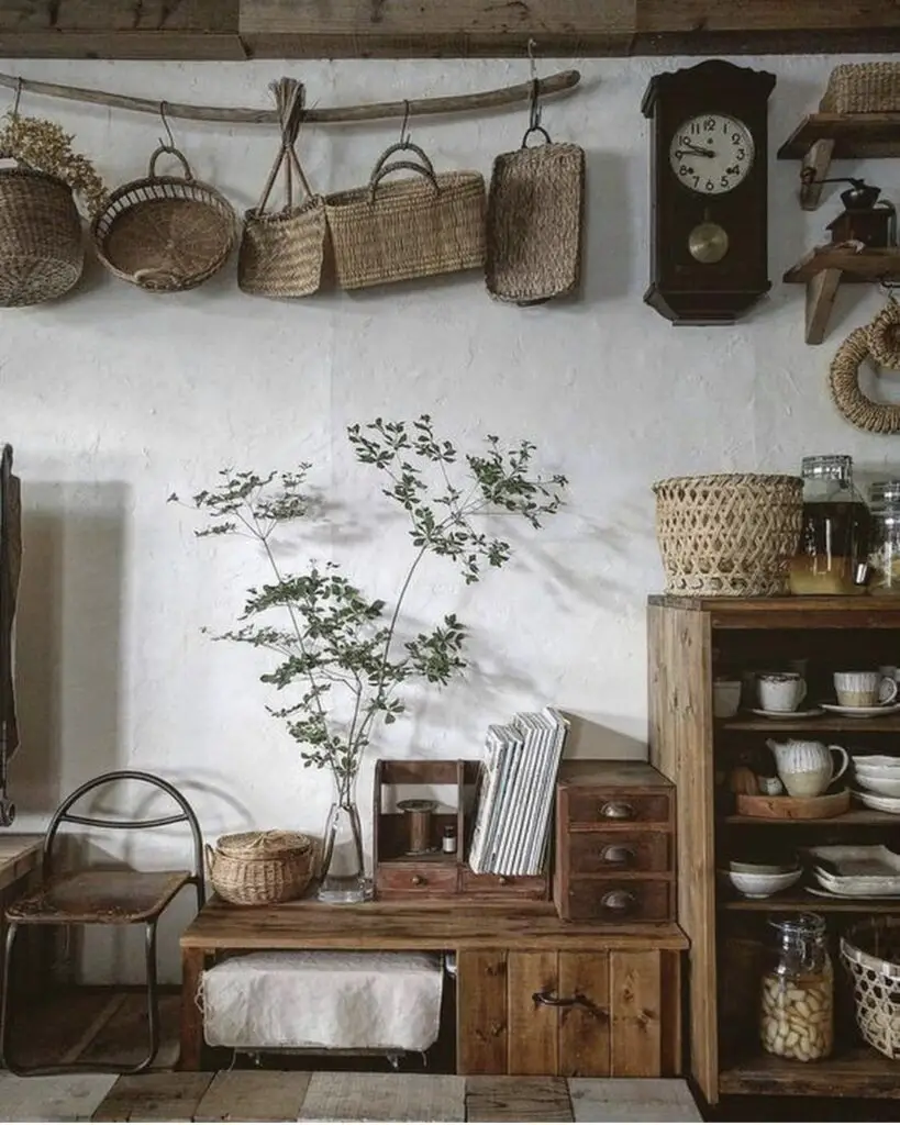 cottagecore room decor with baskets