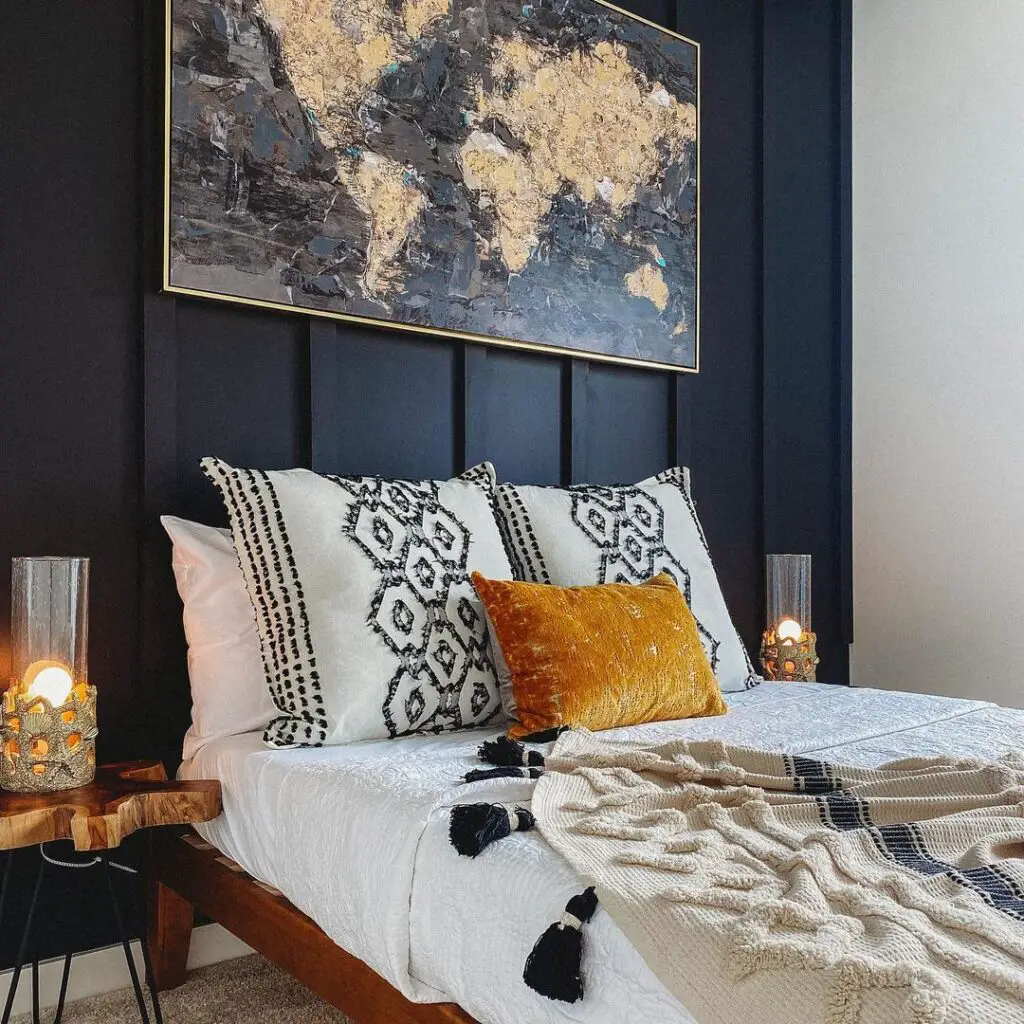 black accent wall with mustard accents