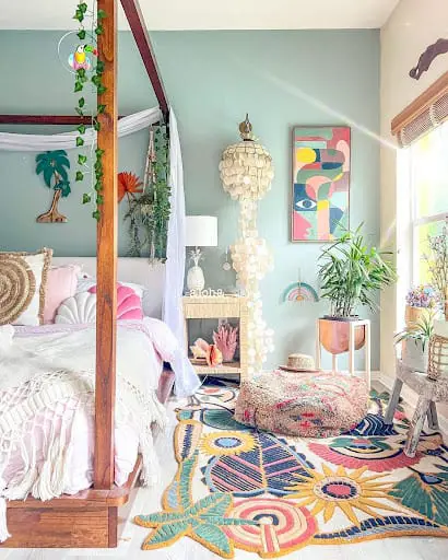 cozy boho bedroom with pastel colors
