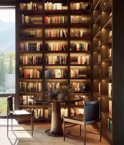 mid century modern home library with lights idea