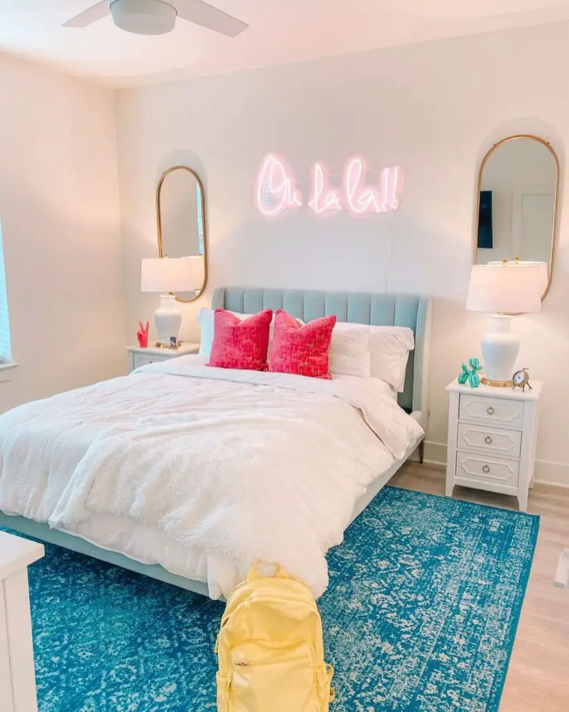 preppy bedroom with neon signs