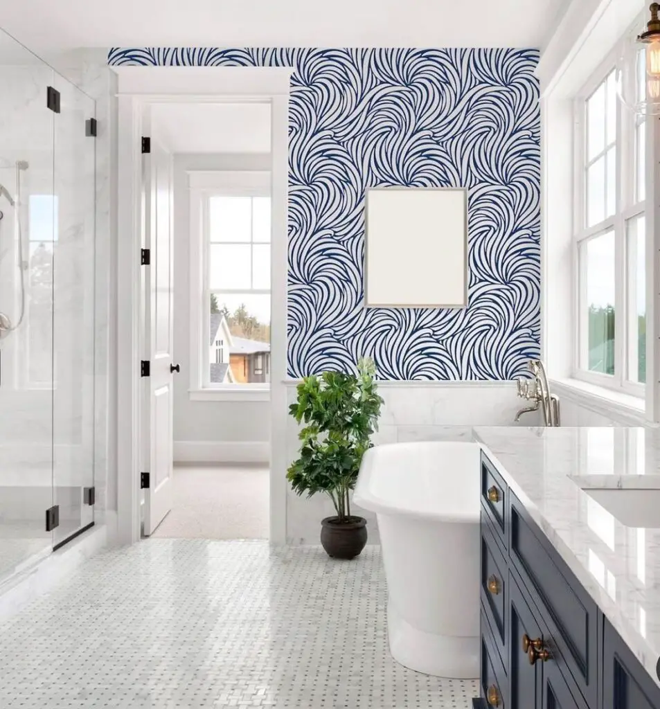 bathroom idea with navy blue accent wall