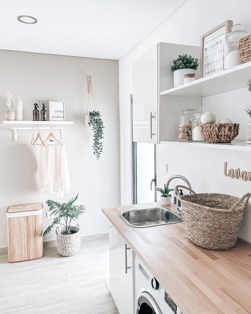 laundry room decor with open shelving