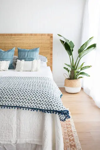 blue and white coastal bedroom with plants