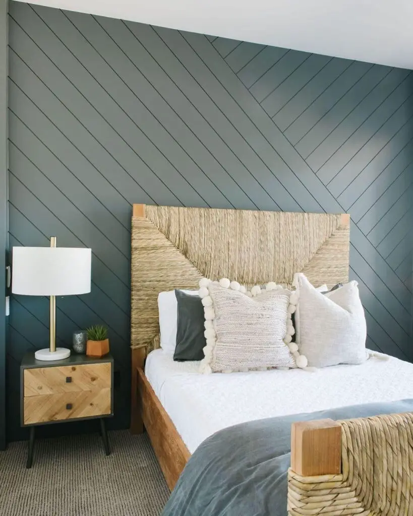 bedroom idea with diagonal shiplap wall