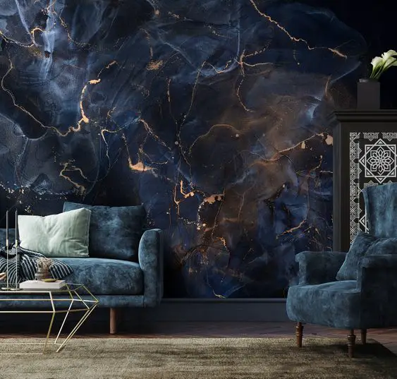 luxury living room with navy wall