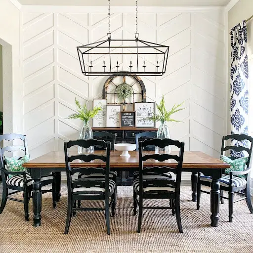 herringbone white feature wall in dining room