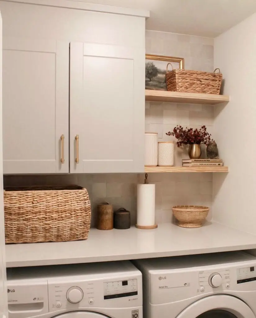 wooden shelving in laundry room