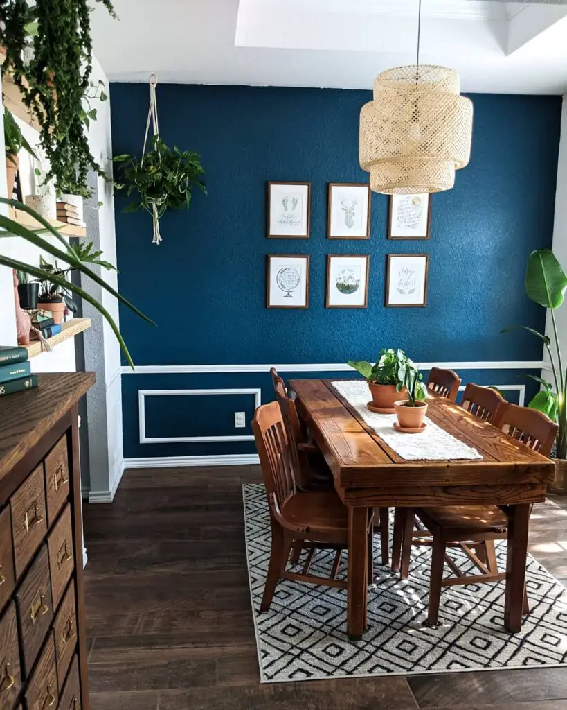 navy blue accent wall in dining room