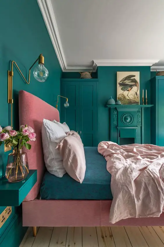 chic teal bedroom with teal furnishings