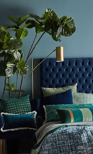 teal bedroom idea with plants