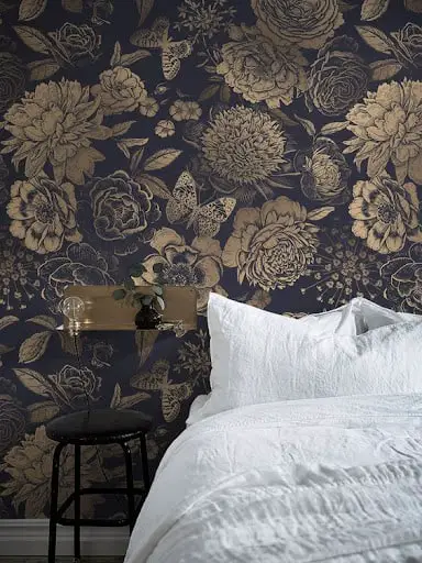 victorian bedroom with floral accent wall