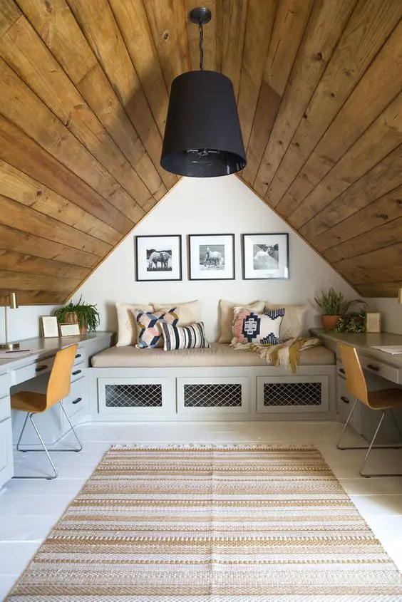cabin room with shiplap ceiling