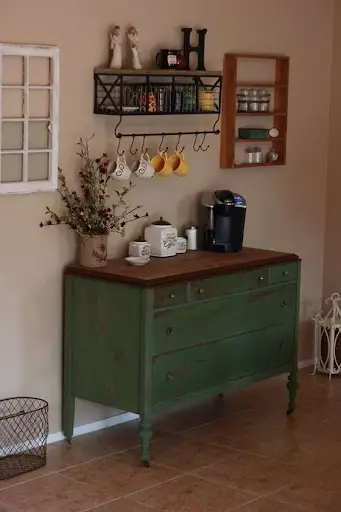 coffee station idea with distressed wood cabinet