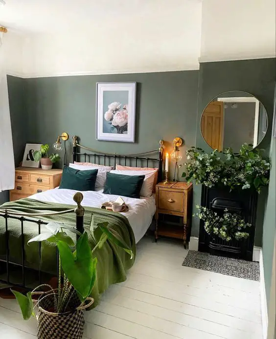 sage green bedroom with color blocking