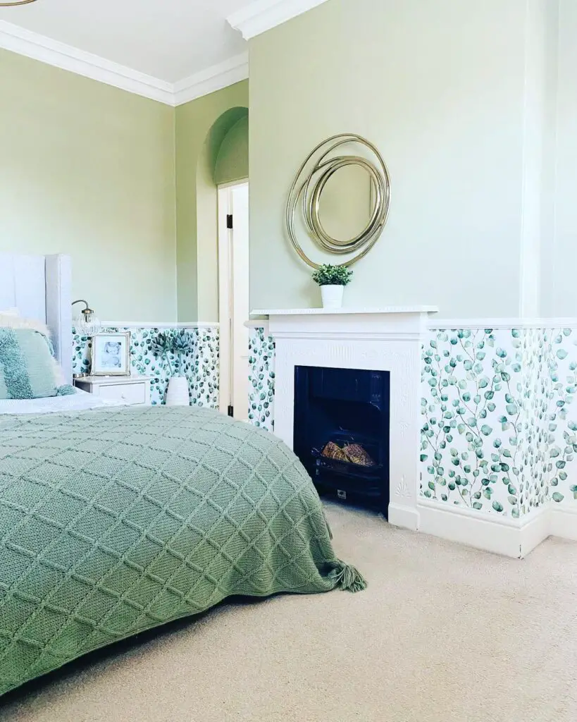 sage green bedroom idea with a wallpaper