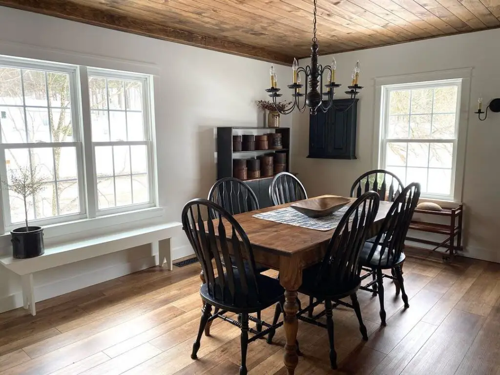stained shiplap ceiling in dining room