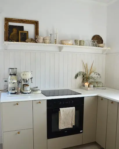 shiplap wall in beige kitchen