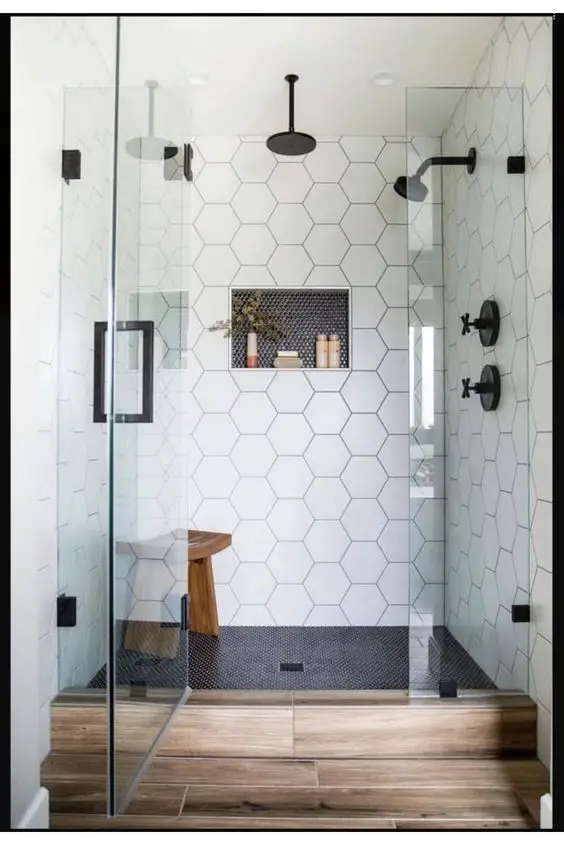 white bathroom tiling with visula interest