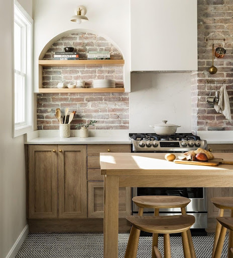 all beige kitchen brick backsplash