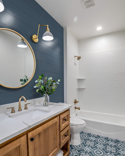 bathroom idea with navy blue shiplap