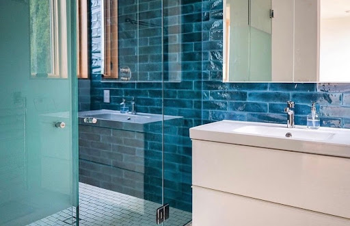 blue subway tile shower