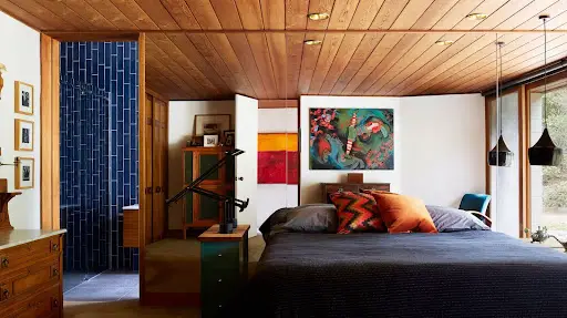 artsy mid-century modern bedroom
