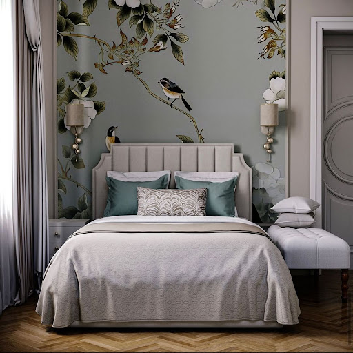 glam bedroom idea with wallpaper