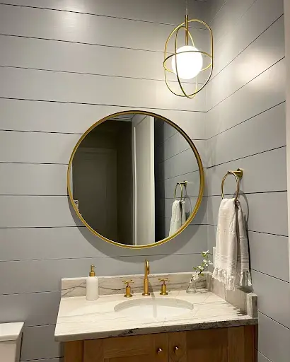 gray and gold shiplap bathroom