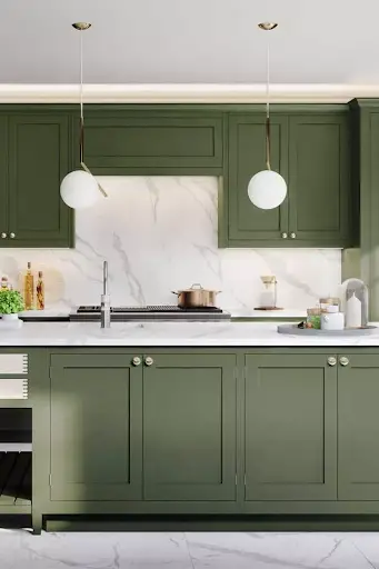 sage green kitchen cabinet idea with marble countertop