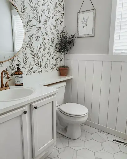white shiplap bathroom with wallpaper