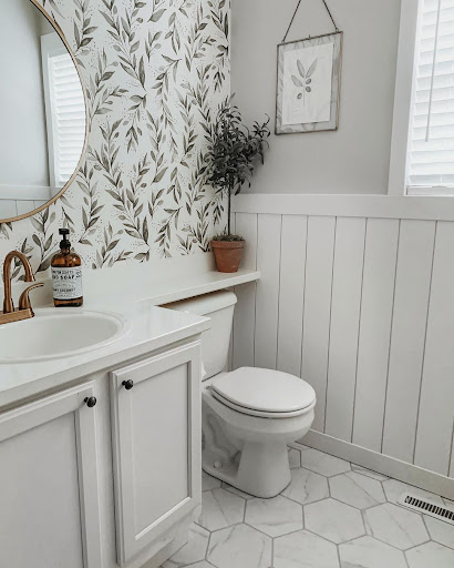 white shiplap bathroom with wallpaper