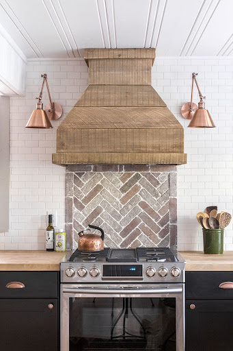 herringbone pattern brick backsplash