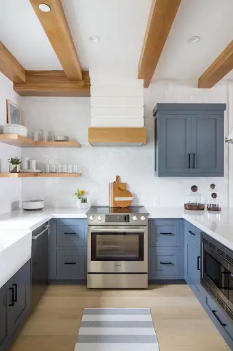 farmhouse kitchen idea with wooden ceiling rafters