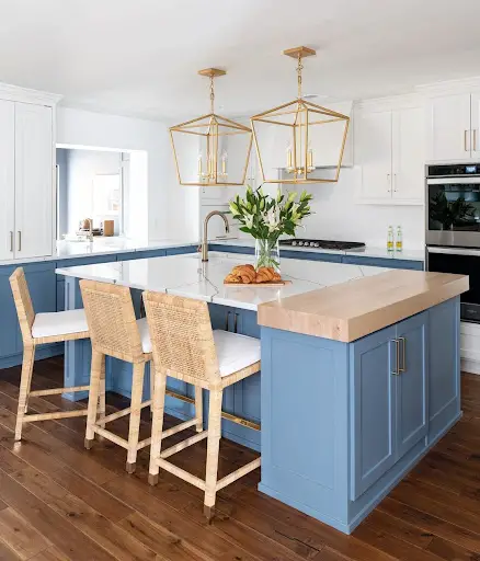 farmhouse blue kitchen island with wood furnishings