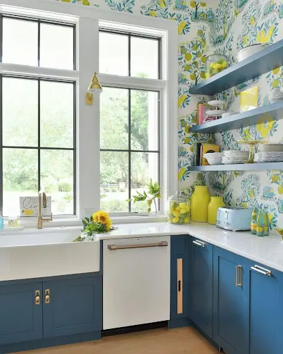 blue kitchen design with yellow pops