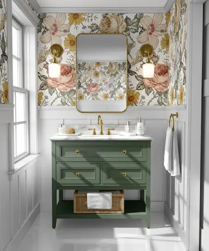 shiplap bathroom with floral wallpaper