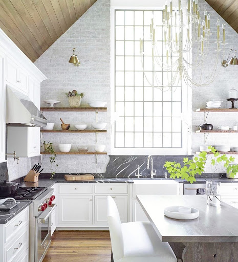 two toned brick backsplash in kitchen