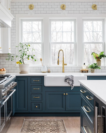 farmhouse blue kitchen cabinets with gold hardware